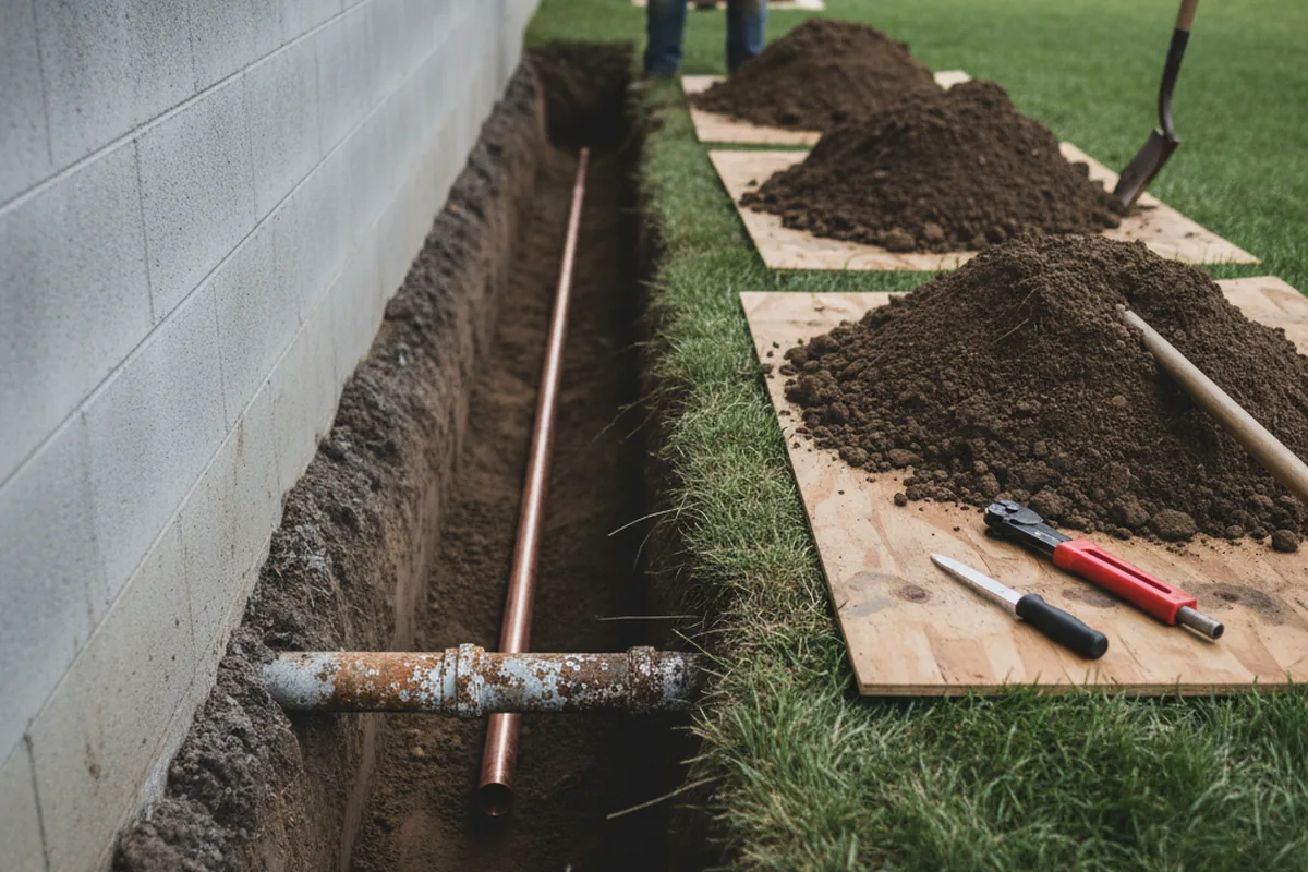 Excavated water line trench during Sewer Line Repair in Paramus